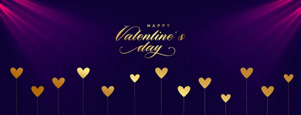 Valentines Day Purple Banner Golden Hearts Focus Light Effect — стоковый вектор