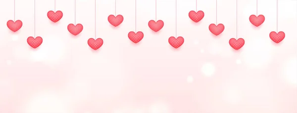 Colgando Corazones Amor Diseño Banner Bokeh Rosa — Vector de stock