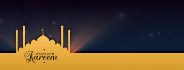 Ramazan Kareem festivali. Cami ve ışık efektli kültürel etkinlik afişi.