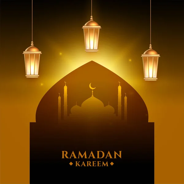 Gloeiende Ramadan Kareem Met Realistische Lantaarn Ontwerp — Stockvector