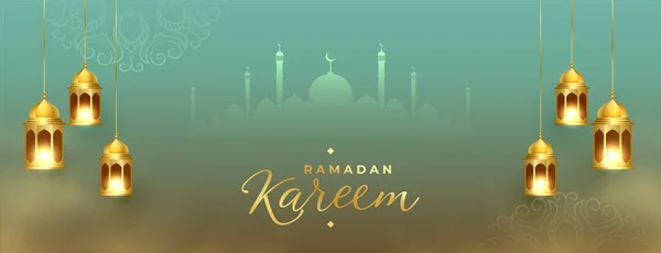 Ramadan Kareem Golden Lantern Eid Festival Beautiful Banner Design — Stock Vector