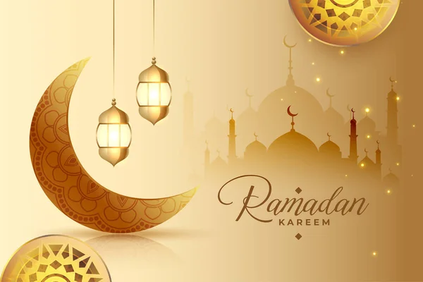 Ramadan Kareem宗教问候语 配有月灯和清真寺装饰 — 图库矢量图片