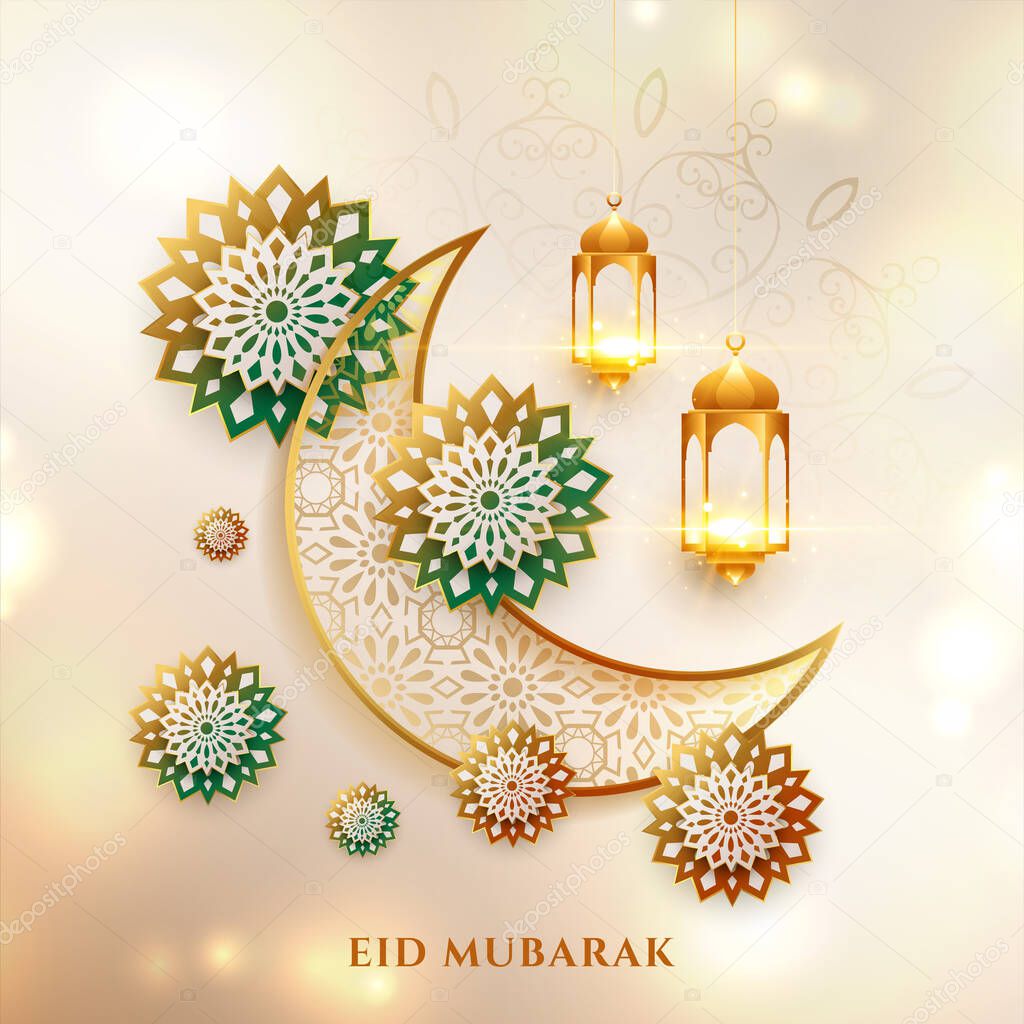 cultural eid mubarak decorative moon and lantern greeting