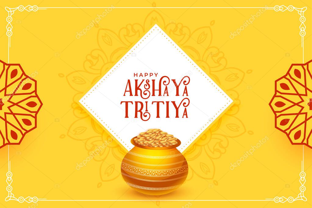 akshaya tritiya yellow greeting with golden coins pot