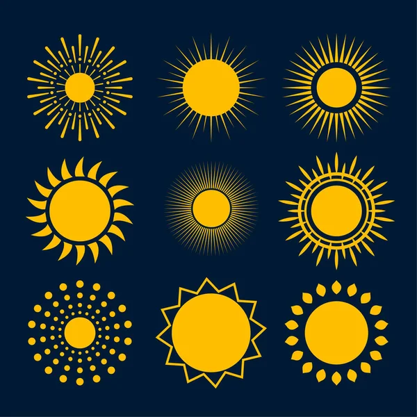 Set Sunny Full Sun Different Rays Style — стоковый вектор