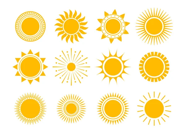 Düz Yaz Sarı Güneş Koleksiyonu Farklı Stillerde — Stok Vektör
