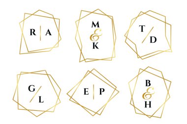 Altın geometrik çizgi stili düğün monogramı 