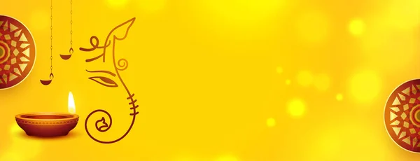 Hindu Traditional Ganesh Chaturthi Festival Yellow Banner Diya — Vector de stock