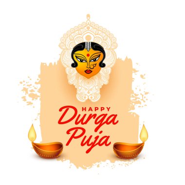 happy durga puja greeting background with diya and goddess face design 