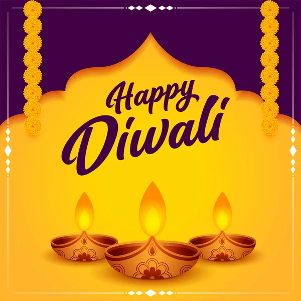 Felice Banner Diwali Con Diya Decorazione Floreale Sfondo Giallo — Vettoriale Stock