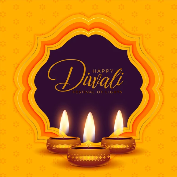 Heureuse Affiche Festival Diwali Avec Diya Sur Fond Jaune — Image vectorielle