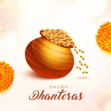 shubh dhanteras occasion background with golden coin pot and floral design  clipart