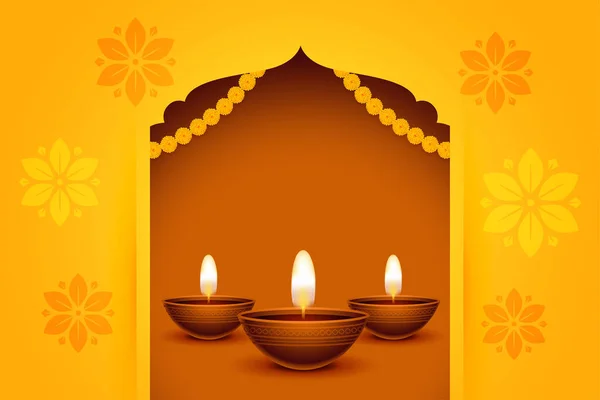 Glad Diwali Hälsning Mall Med Tre Lampor Gul Bakgrund — Stock vektor