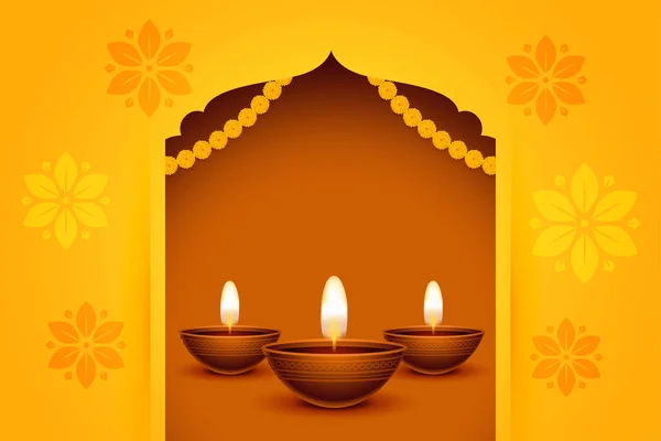 Happy Diwali Modelo Saudação Com Três Lâmpadas Fundo Amarelo — Vetor de Stock