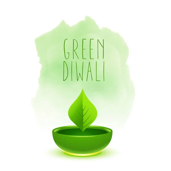 Zöld Levél Diya Környezetbarát Diwali Üdvözlő Háttér — Stock Vector