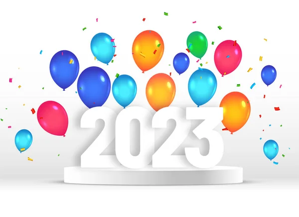 Estilo Feliz Año Nuevo 2023 Tarjeta Fiesta Con Globos Colores — Vector de stock