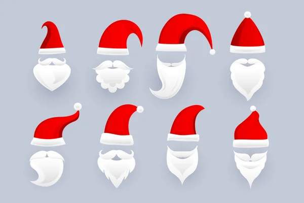 Набор Шапки Санта Клауса Бороды Украшения Различных Конструкциях — стоковый вектор