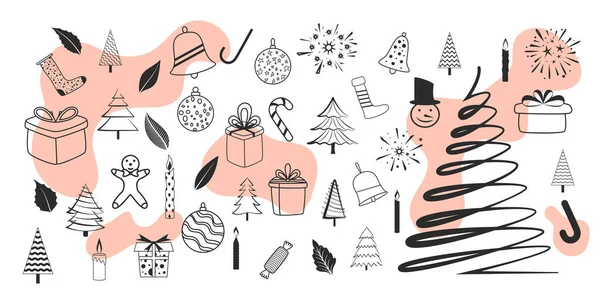 Grande Conjunto Ícones Decorativos Natal Design Estilo Doodle — Vetor de Stock
