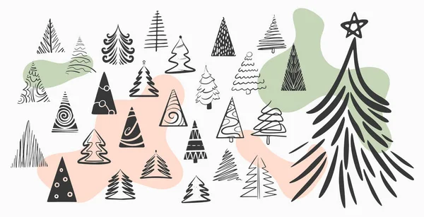 Συλλογή Από Εικονίδια Χριστουγεννιάτικο Δέντρο Σχεδιασμό Στο Χέρι Που Στυλ — Διανυσματικό Αρχείο