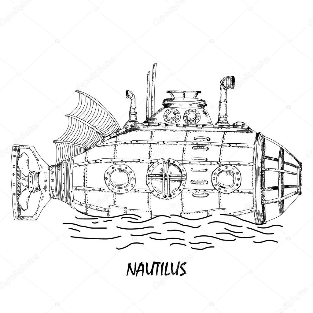 Isolated submarine detailed vintage drawing