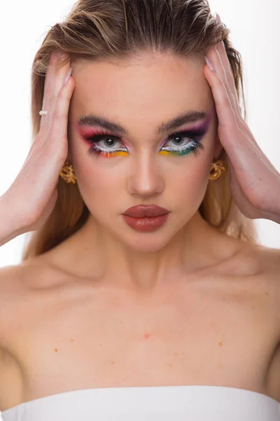 Retrato Mulher Beleza Maquiagem Profissional Para Modelo Com Olhos Azuis — Fotografia de Stock