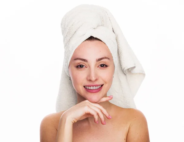 Portrait Young Happy Woman Shower Towel Her Head Smiles Touches — Stock Photo, Image
