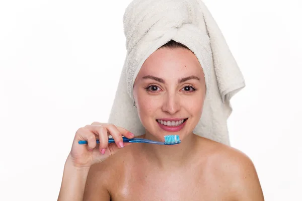 Cute Excited Beautiful Woman Holds Toothbrush Wearing Towel Her Head — Stock Photo, Image