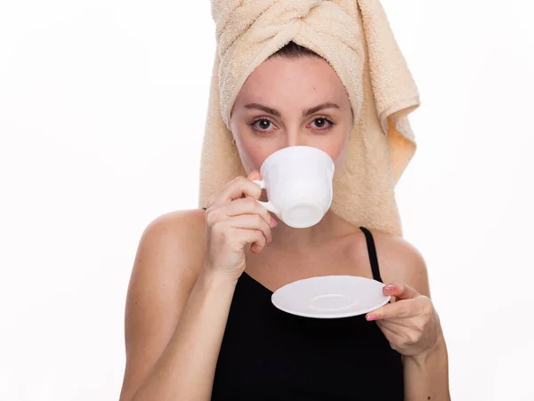 Happy Young Woman Towel Her Head Holds Cup Coffee Tea — Stock Photo, Image