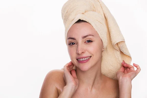 Portrait Young Happy Woman Shower Towel Her Head Smiles Touches — Stock Photo, Image