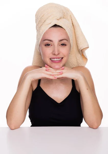 Portrait Young Happy Woman Shower Towel Her Head Leaning Table — Stock Photo, Image