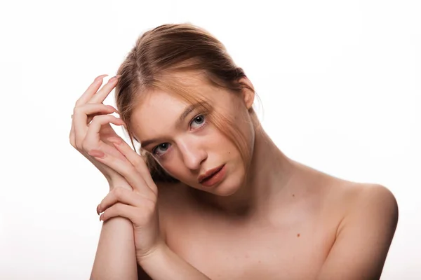 Skönhet Ung Kvinna Ansikte Porträtt Söt Blond Kvinna Med Fräsch — Stockfoto