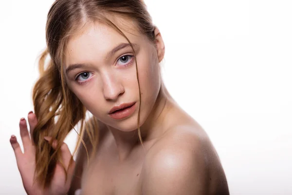Krásná Tvář Mladé Ženy Portrét Roztomilé Blondýny Čerstvou Čistou Pletí — Stock fotografie