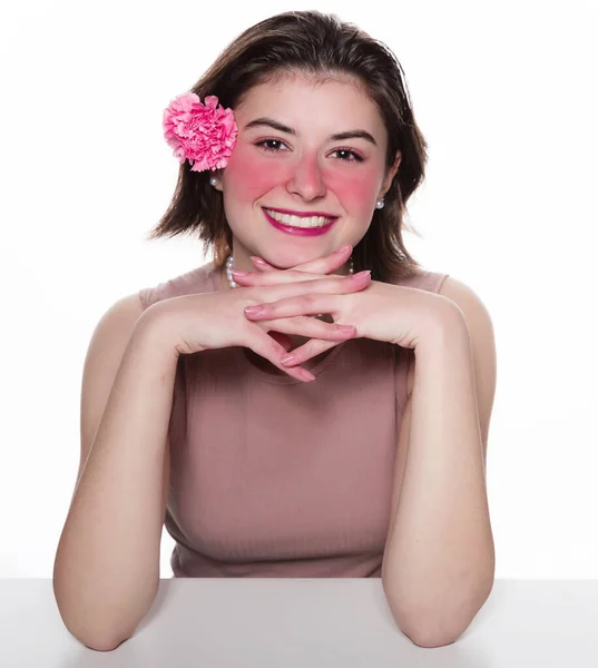 Young Woman Pink Flower Casual Women Holding Pink Flower Ear — Stock Photo, Image