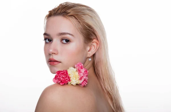 Charming Young Woman Pink Flower Blonde Model Holding Pink Flower — Foto Stock