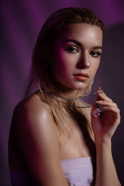 High Fashion Model Woman Face Colorful Bright Neon Purple Lights — Stockfoto