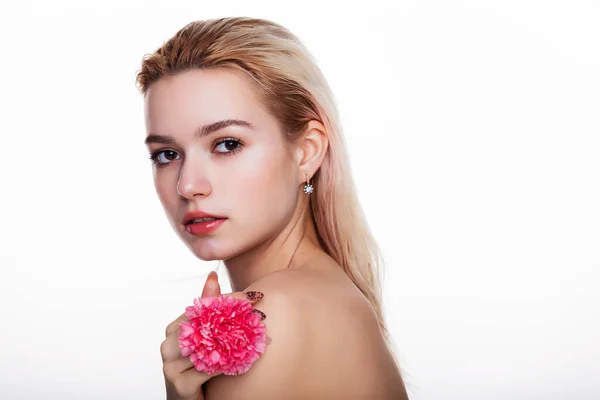 Charming Young Woman Pink Flower Blonde Model Holding Pink Flower — 图库照片