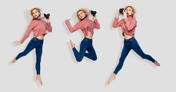 Повнометражний Колаж Збудженої Молодої Жінки Яка Посміхається Стрибає Камерою Руці — стокове фото