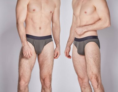 Beyaz arka planda izole edilmiş iç çamaşırı giyen kaslı bir gencin farklı açılardan görüntüsünü kolaçan et. Parmak izi ya da tasarım şablonu için erkekler için iç çamaşırı. Temel giyim tarzı. Logo yok.