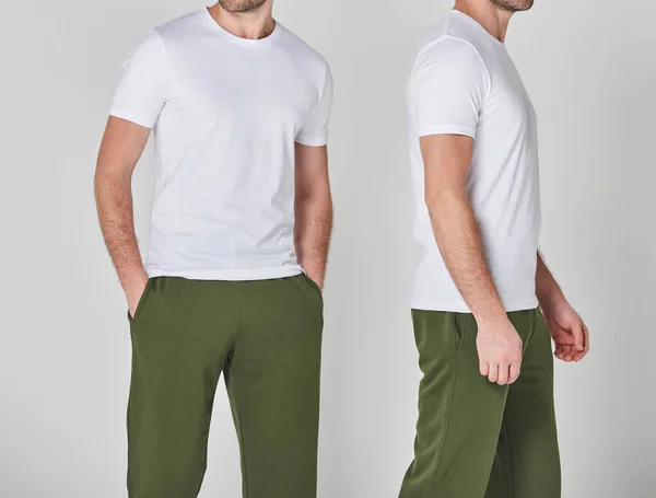 Collage different angle view of a cropped shot of man in white blank t-shirt and green pants. Standing on gray background. Mockup for print or design template. Basic clothing line no logo
