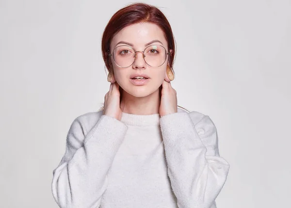 Smiling Redhead Woman Big Eyeglasses Pierced Tunnel Ears Posing White — Stok fotoğraf