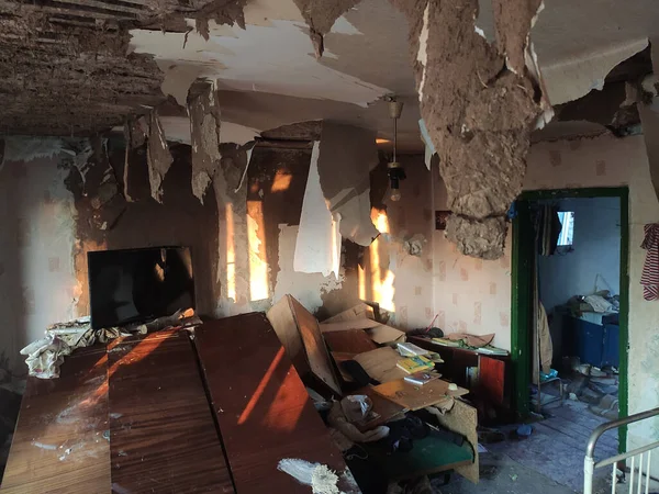 Russia War Ukraine Russian Troops Destroyed Residential Building Interior Abandoned — Stock Fotó