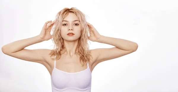 Young Beautiful Blonde Woman Wearing Casual Shirt White Background Serious Imagen de archivo