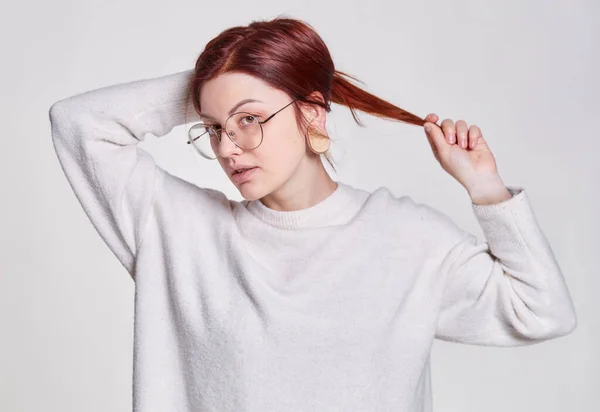 Smiling Redhead Woman Big Eyeglasses Pierced Tunnel Ears Posing White — Stok fotoğraf