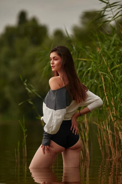 Morena Jovem Atraente Uma Camisola Calças Pretas Posando Praia Juncos — Fotografia de Stock