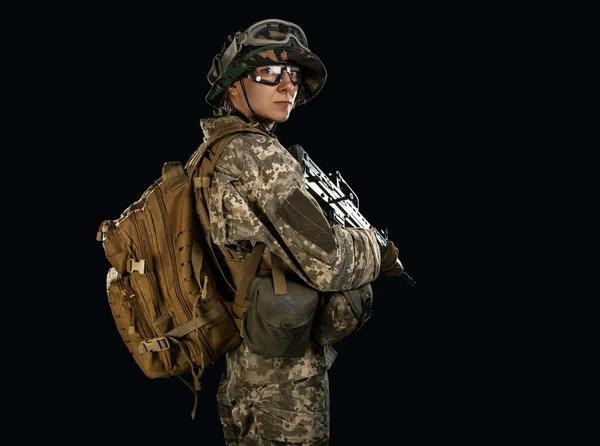 Woman Army Soldier Combat Uniforms Assault Rifle Plate Carrier Goggles —  Fotos de Stock