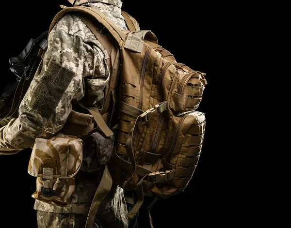 Military Multicam Backpack Soldier Back Bags Unloading Isolated Black Background — Stok fotoğraf