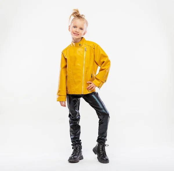 Pretty Blonde Little Girl Leather Mustard Jacket Black Snake Texture — Stok fotoğraf