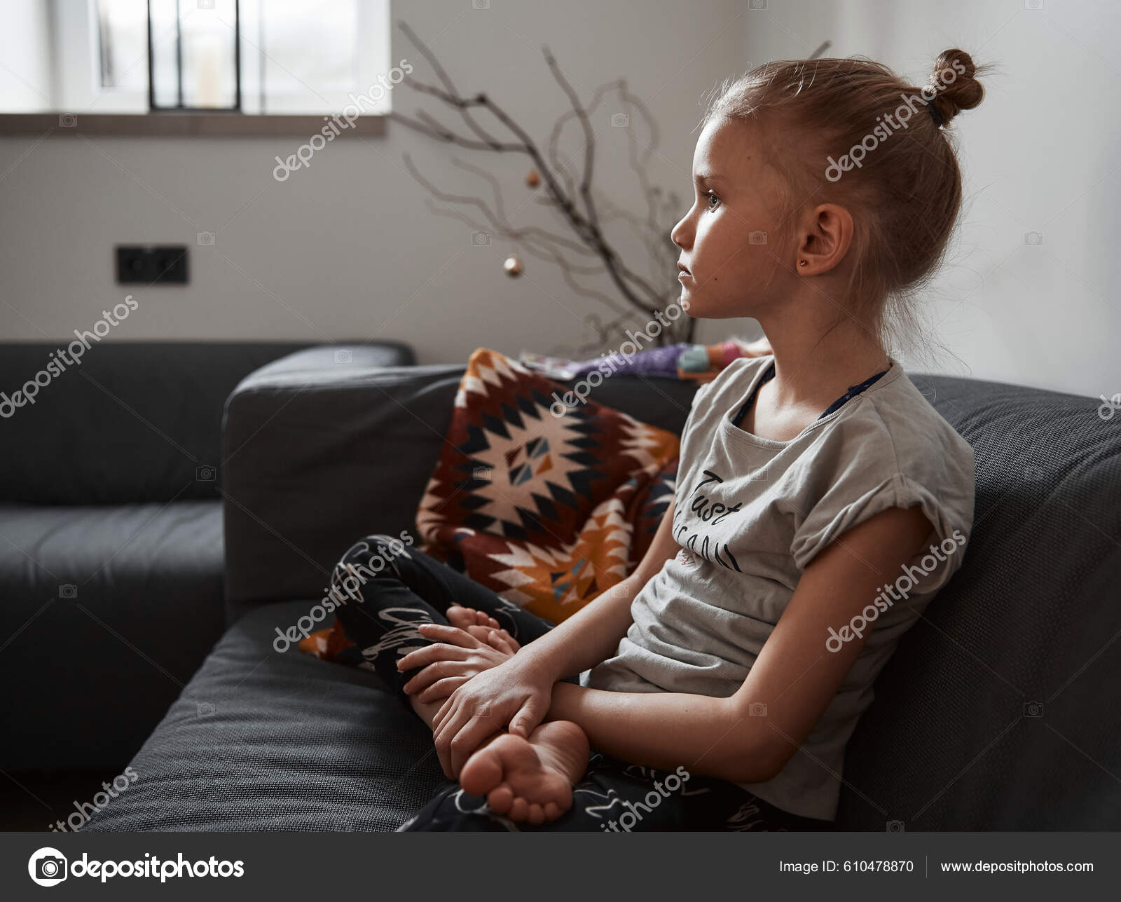 Beautiful Little Girl Sitting Cosiness Sofa Lotus Position Living Room Stock Photo Oleg.Ermak88 610478870