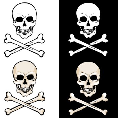 Vector skull and crossbones on white and black backgrounds clipart