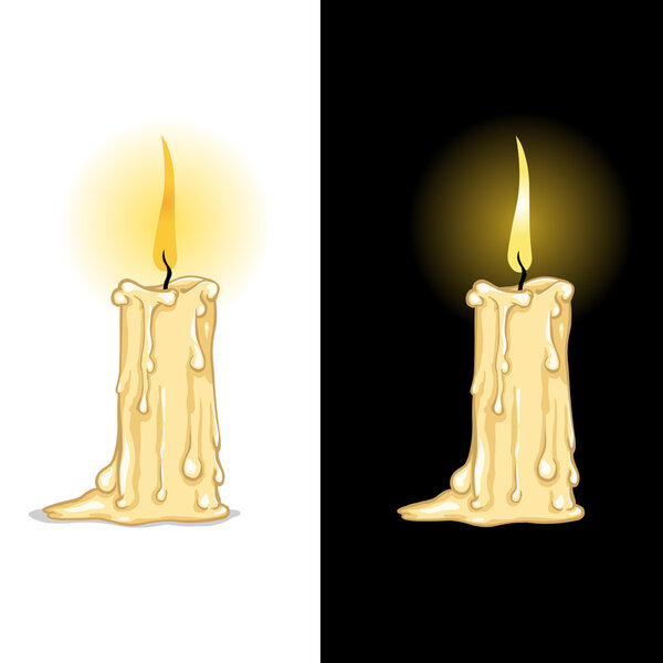 Burning candle on a white and black background